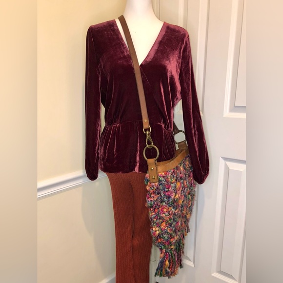 J. CREW Velvet Faux Wrap V-Neck Peplum Hem Long Sleeve Wine Blouse Sz 10 NWT - Picture 15 of 15